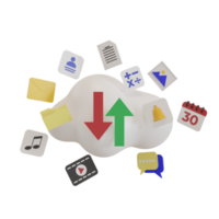 cloud icons with mobile phone and computer application icons, such as contacts, folders, music, video player, reminders, calendar icons. concept of data storage or backup. 3D render illustration png