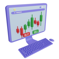 Rendu 3d d'un ordinateur de bureau avec graphique en chandelier du cours des actions à l'écran. graphique des baisses et des augmentations de stock. png