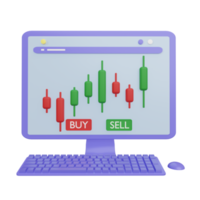 3d rendering of desktop computer with stock price candlestick chart on screen. Graph of stock declines and increases. png