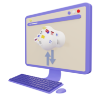 3d rendering of desktop computer uploading and downloading files in cloud storage png