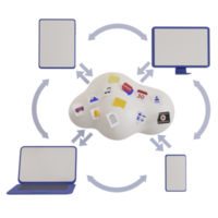 3d cloud with computer, laptop and mobile phone application files, data backup concept png