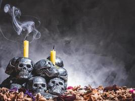 Skulls with candle and dried flowers on dark background. photo