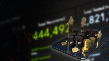 The oil tank on tablet and gold arrow up for  energy or petroleum business concept 3d rendering photo