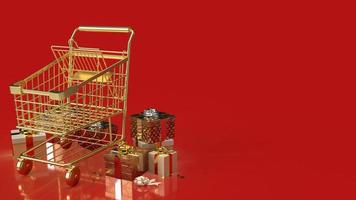 el carrito de compras de oro y la caja de regalo para la celebración o el concepto de negocio representación 3d foto
