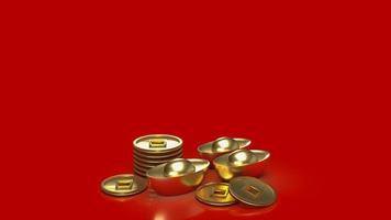 el dinero de oro chino sobre fondo rojo para el concepto de negocios o vacaciones representación 3d foto