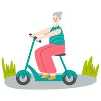 Old woman on seat of electric scooter. Modern grandmother with eco-friendly moped. Rider sitting on chair of trendy urban transport.