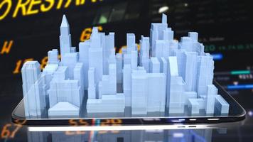 la ciudad en el teléfono inteligente para la representación 3d del concepto de negocio foto