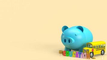 The blue piggy bank and school bus image for saving to education 3d rendering photo