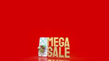 The shopping cart on mobile application and mega sale gold text for  online market 3d rendering photo