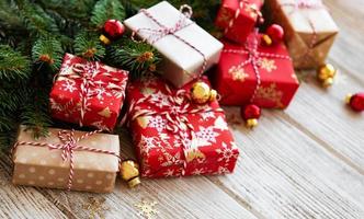 christmas background with decorations and gift boxes photo