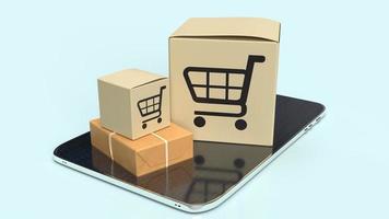 la caja de compras en la tableta para el concepto de mercado en línea representación 3d foto