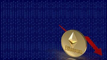 la moneda ethereum y el gráfico de flechas rojas en la representación digital de fondo 3d foto