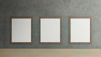 The blank picture frames on cement wall for background 3d rendering photo