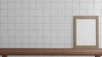 The blank picture frame on white tile wall for background 3d rendering. photo