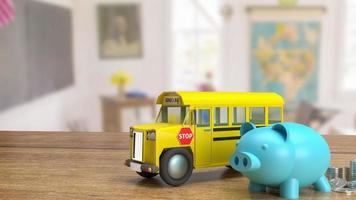 la alcancía y el autobús escolar en el fondo de la sala de clase para la educación o el concepto de ahorro representación 3d foto
