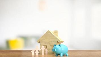 The family wood plate and piggy bank  for property or savings  concept 3d rendering photo