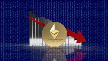 la moneda de ethereum y el gráfico de flecha roja en la representación digital de fondo 3d foto