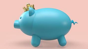 The blue piggy bank and gold crown for saving or business concept  3d rendering photo