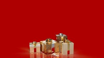 la caja de regalo dorada sobre fondo rojo para celebración o concepto de vacaciones 3d renderizado foto