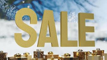 The sale gold text and gift box on winter background 3d rendering photo