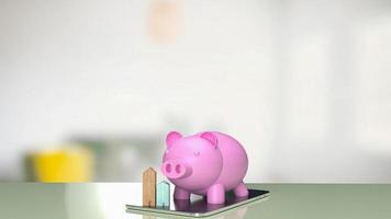 pink piggy bank and wood home on tablet for  property business concept 3d rendering photo