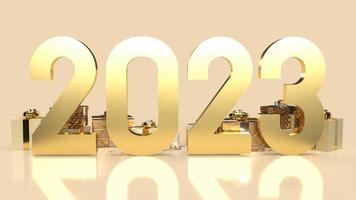 The 2023 gold number and gift box for celebration or happy new year concept 3d rendering photo