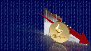 la moneda de ethereum y el gráfico de flecha roja en la representación digital de fondo 3d foto