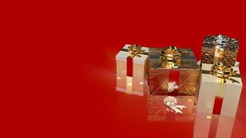 la caja de regalo dorada sobre fondo rojo para celebración o concepto de vacaciones 3d renderizado foto