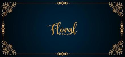 Abstract golden floral frame border dark blue banner design vector
