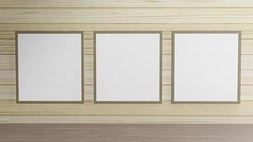 The blank picture frame on wood wall for background content 3d rendering. photo