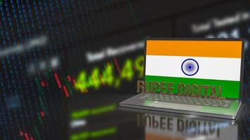 la rupia digital y la bandera india en el portátil para tecnología y concepto de negocio 3d renderizado foto