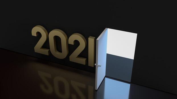 The 2021 gold text and light glow on a door for abstract background content 3d rendering. photo