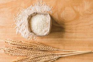 Top view of Raw rice grain and dry rice plant on wooden table background. photo