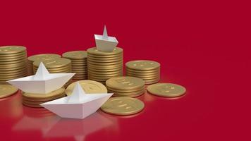 The white paper boat and gold coins on red background for red ocean content 3d rendering photo