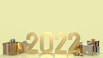 The gold number 2022 and gift box for new year  concept 3d rendering. photo