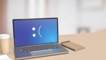 The laptop on wood table showing  blue screen error   3d rendering photo