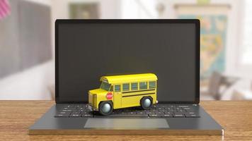 autobús escolar en la computadora portátil para el concepto de aprendizaje electrónico representación 3d foto