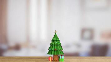 el árbol de navidad en la mesa de madera para la celebración navideña o la promoción de los antecedentes comerciales de representación 3d foto