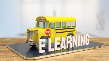 autobús escolar en tableta para concepto de e-learning renderizado 3d foto