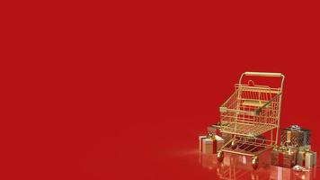 The gold shopping cart and gift box for celebration or business concept 3d rendering photo