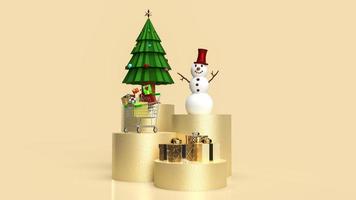 el árbol de navidad y el muñeco de nieve sobre fondo dorado para la representación 3d del concepto de vacaciones o negocios foto