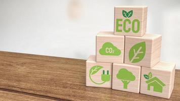 The ecology icon on wood cube for eco or natural concept 3d rendering photo