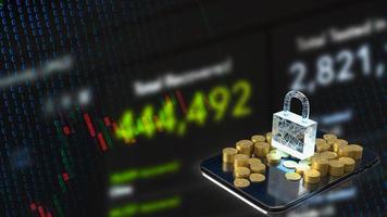 The master key or lock and gold coins on tablet for business concept 3d rendering photo