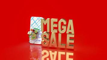 The shopping cart on mobile application and mega sale gold text for  online market 3d rendering photo