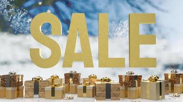 The sale gold text and gift box on winter background 3d rendering photo