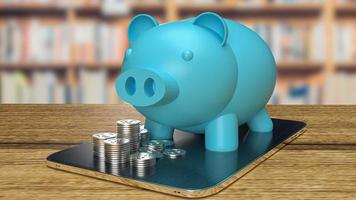 blue piggy bank and coins on tablet for  property business concept 3d rendering photo