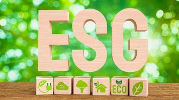 The esg wood text  meaning Environmental social and corporate governance 3d rendering photo