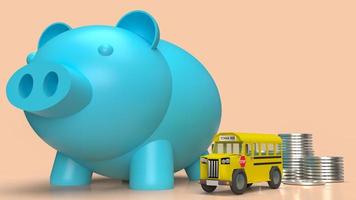 The blue piggy bank  and school bus for money plan to education concept 3d rendering photo