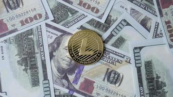 The lite coin and banknote 100 dollar  top view image for business content photo