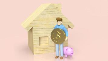 The figure man hold gold coin and wood house for property or building concept 3d rendering photo